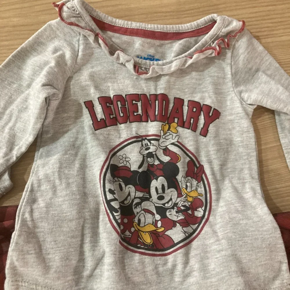 Disney Classic Mickey and Friends Set Gray Long Sleeve Top Plaid Skirt 12 Months